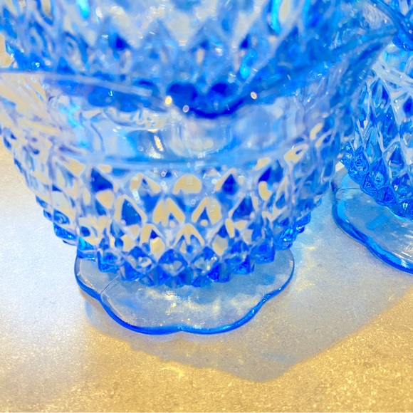 Vintage Diamond Point Ice Blue Indiana Glass Footed Bowl Scalloped set of 4 - Picture 7 of 9